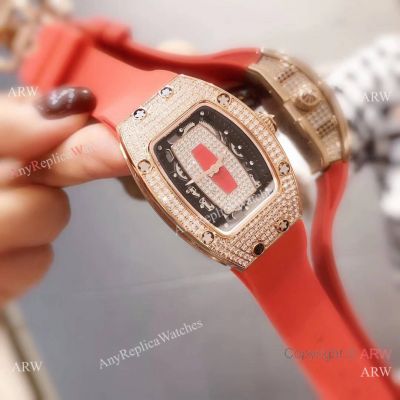 Swiss Made Richard Mille RM007-1 Iced Out Watches 31mm Rose Gold Red Strap